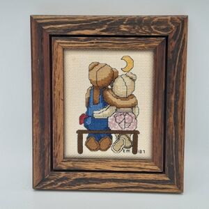 Framed Cross-Stitch Bear Couple Art Wooden Frame.